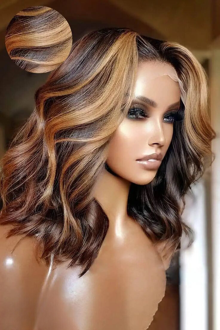 Highlight Loose Wave Bob Wig 13x4  Transparent Lace color