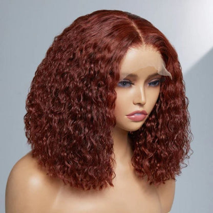 Water Wave Bob 13x4 Transparent HD lace Human Hair Reddish Brown color