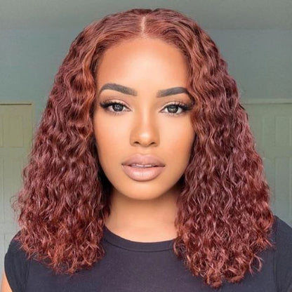 Water Wave Bob 13x4 Transparent HD lace Human Hair Reddish Brown color