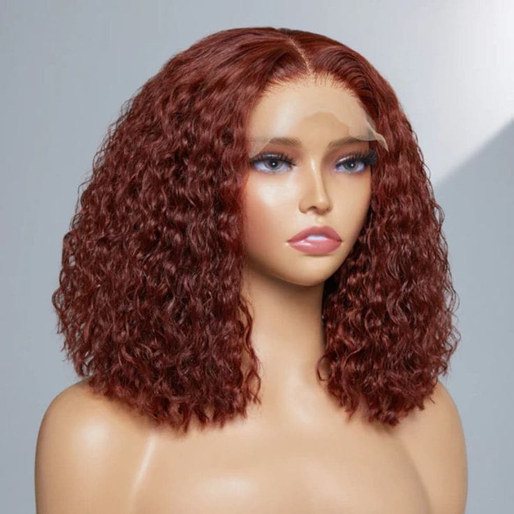 Water Wave Bob 13x4 Transparent HD lace Human Hair Reddish Brown color