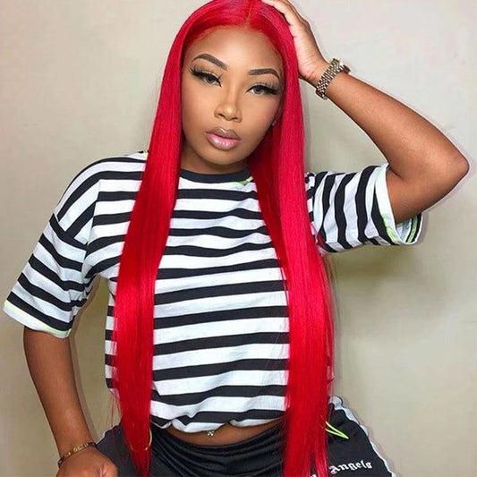 Red Straight 13x4 Undetectable HD Lace Wig Red color