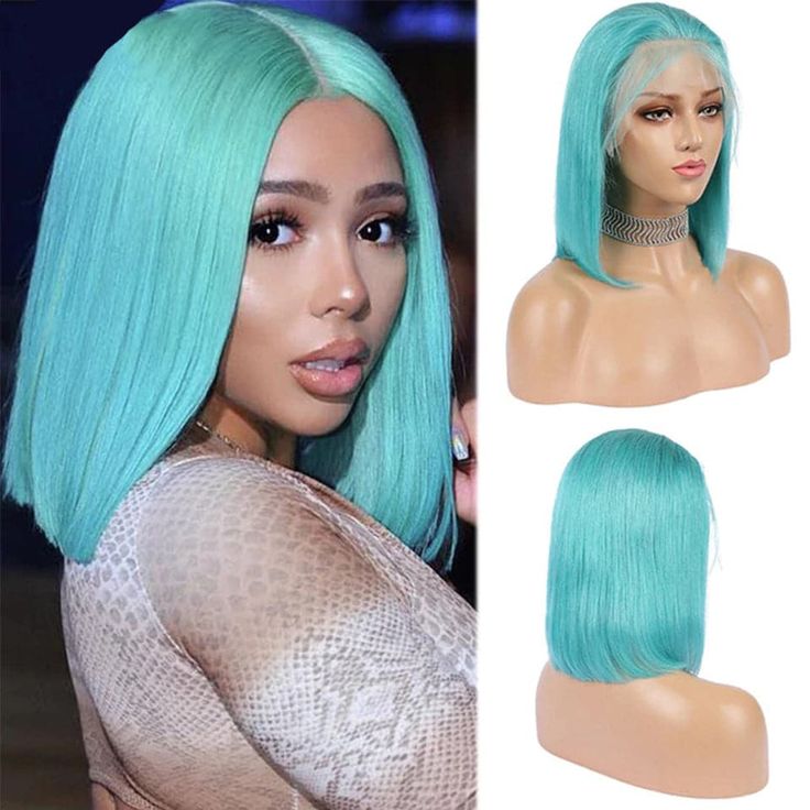 13x6 Short Bob Wig Transparent HD Lace Closure color Blue