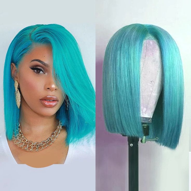 13x6 Short Bob Wig Transparent HD Lace Closure color Blue