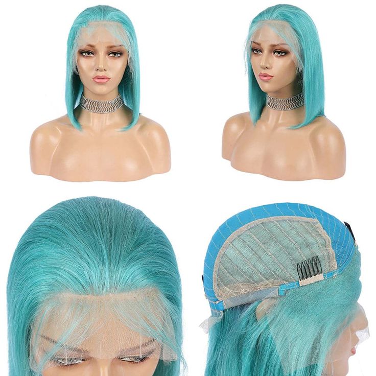 13x6 Short Bob Wig Transparent HD Lace Closure color Blue