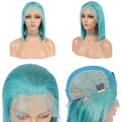 13x6 Short Bob Wig Transparent HD Lace Closure color Blue